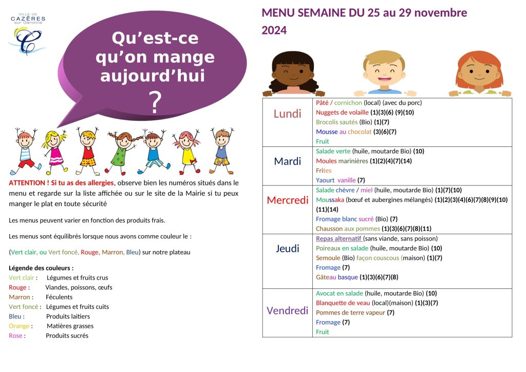 menus du restaurant scolaire