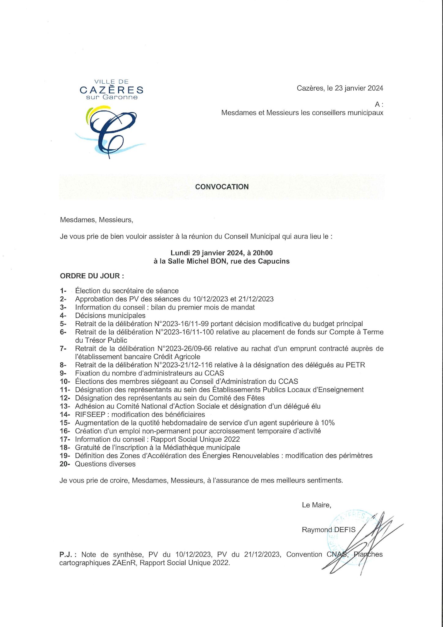 Réunion du Conseil Municipal le 29/01/2024 Mairie de Cazères